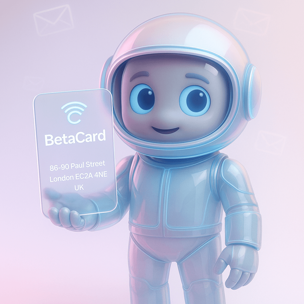 Futuristic robot holding a BetaCard with address